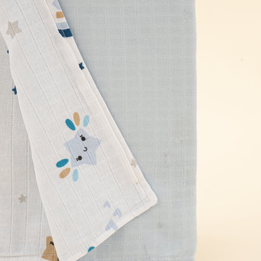 Çift Taraflı Muslin Örtü - Bebe Mavisi Muslin - Mavi Gökkuşağı