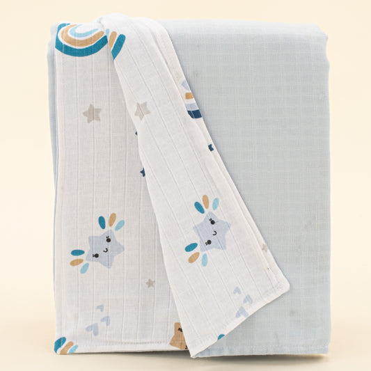Çift Taraflı Muslin Örtü - Bebe Mavisi Muslin - Mavi Gökkuşağı