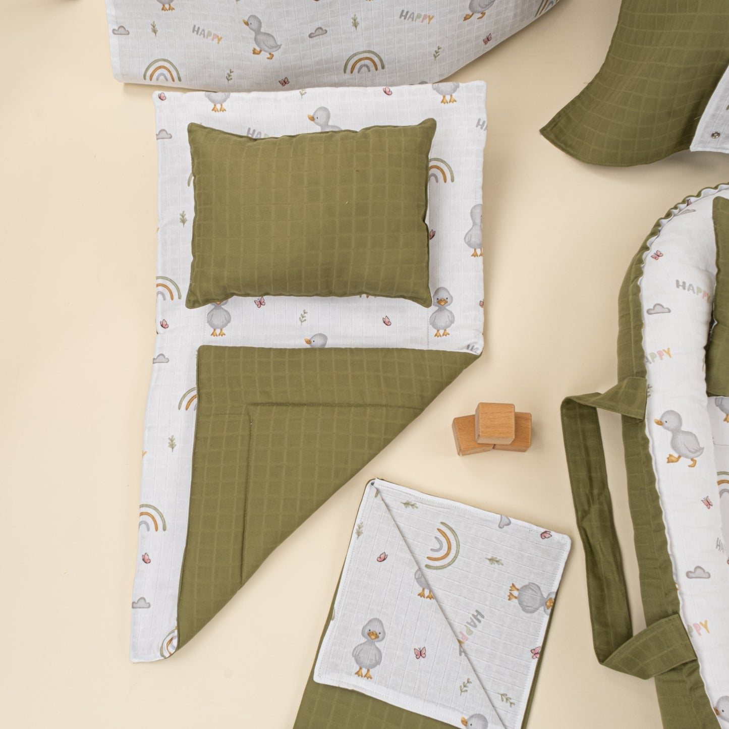 18 Parça Full Set - Çift Taraflı - Koyu Fıstık Yeşili Muslin - Ördekler