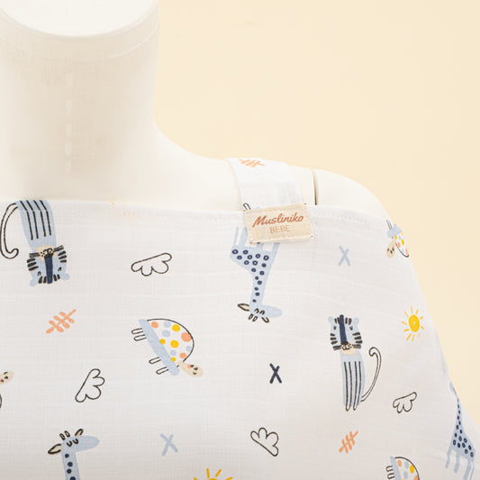 Çift Katlı Muslin Emzirme Önlüğü - Mavi Canlılar