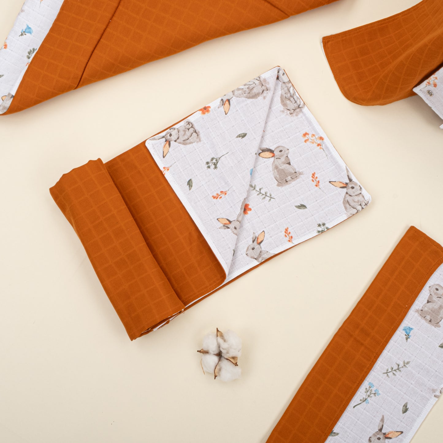 11 Parça Avantajlı Set - Çift Taraflı - Kiremit Muslin - Kahverengi Tavşan