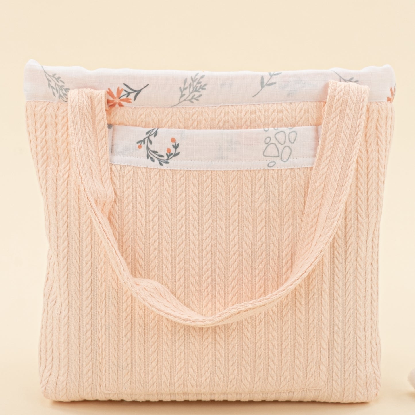 Bebek Bakım Çantası - Somon Örgü - Yeşil Çiçekler