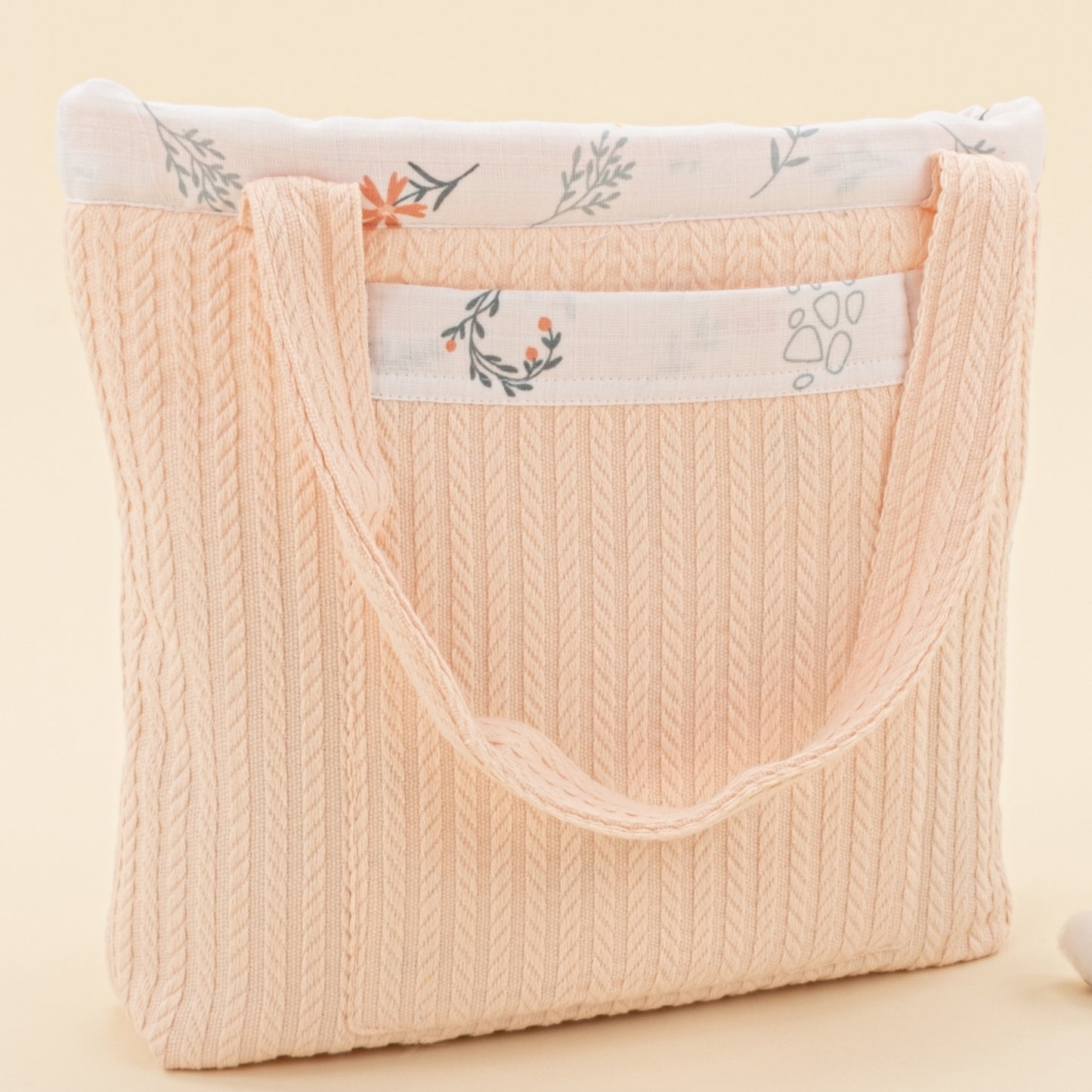 Bebek Bakım Çantası - Somon Örgü - Yeşil Çiçekler