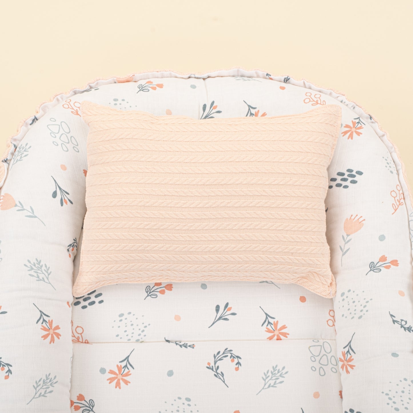 Babynest ve Yastık - Çift Taraflı - Somon Örgü - Yeşil Çiçekler