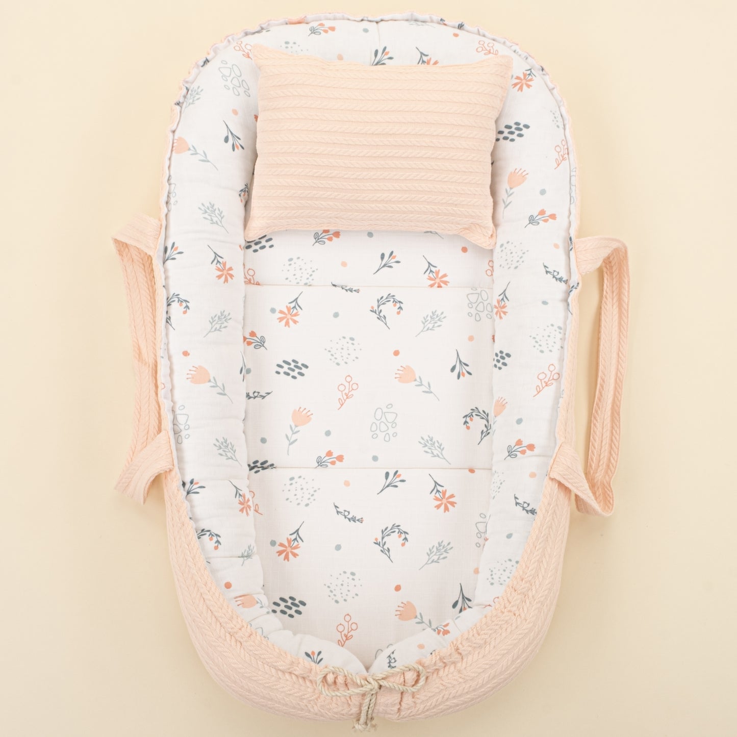 Babynest ve Yastık - Çift Taraflı - Somon Örgü - Yeşil Çiçekler