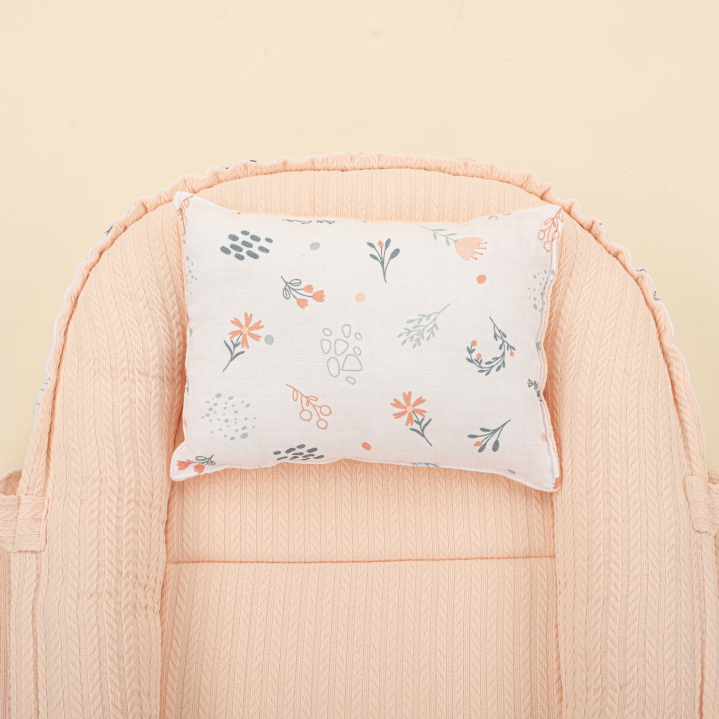 Babynest ve Yastık - Çift Taraflı - Somon Örgü - Yeşil Çiçekler