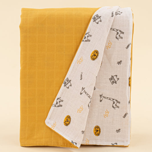 Çift Taraflı Muslin Örtü - Hardal Muslin - Zürafa