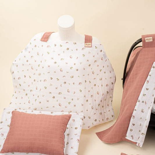 18 Parça Full Set - Çift Taraflı - Gül Kurusu Muslin - Çiçekler