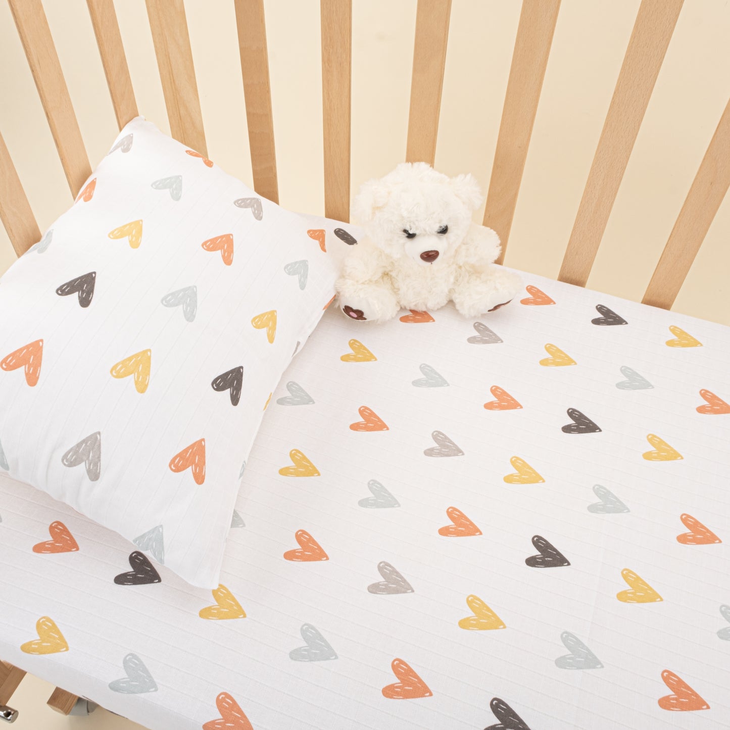 Bebek Muslin Nevresim Seti (Yorgan Kılıfı,Yastık Kılıfı,Lastikli Çarşaf) - Su Yeşili Muslin - Kalpler