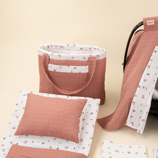 14 Parça Avantajlı Set - Çift Taraflı - Gül Kurusu Muslin - Çiçekler