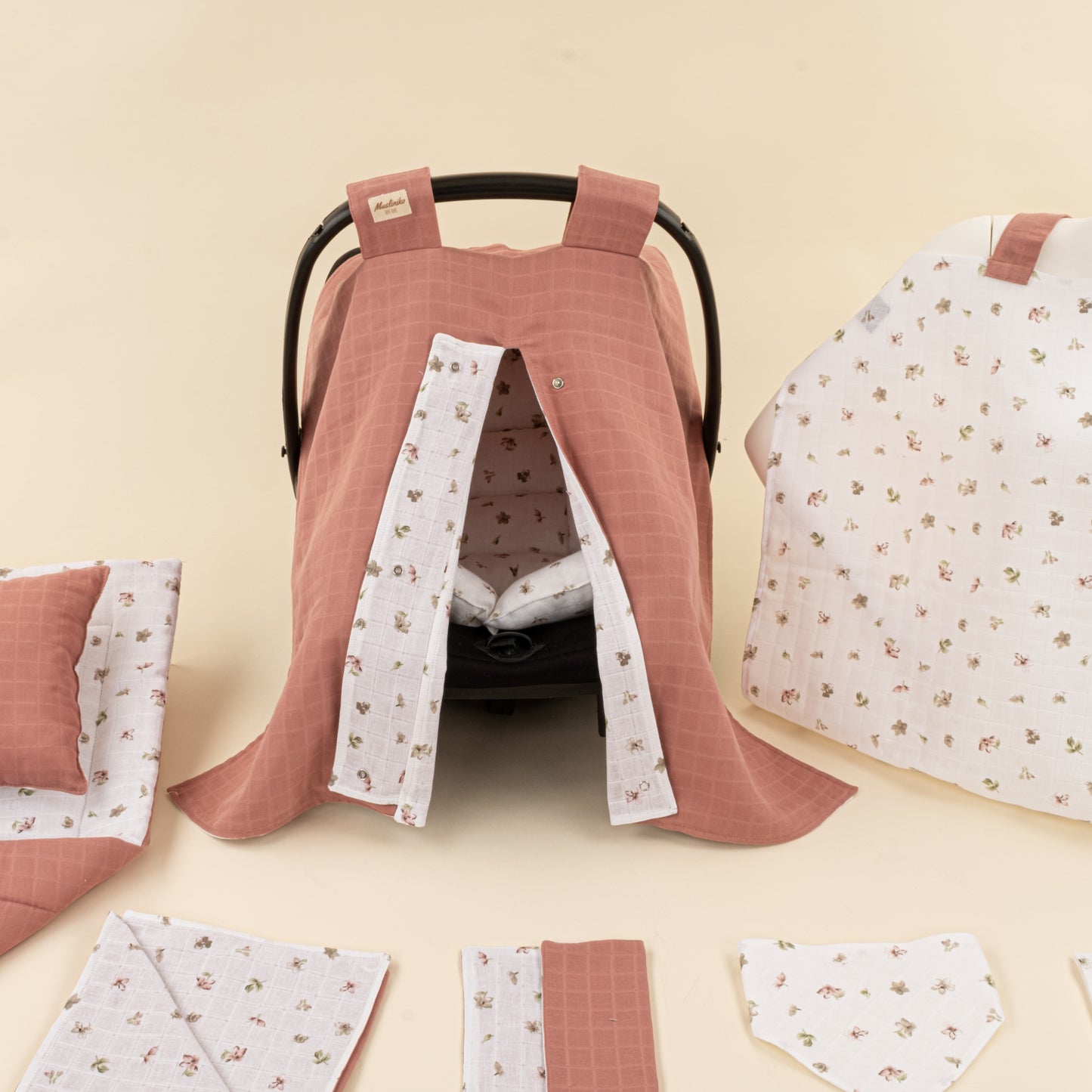 11 Parça Avantajlı Set - Çift Taraflı - Gül Kurusu Muslin - Çiçekler