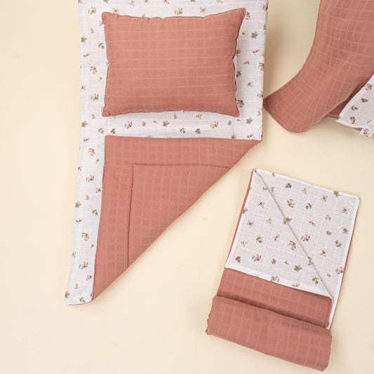 11 Parça Avantajlı Set - Çift Taraflı - Gül Kurusu Muslin - Çiçekler