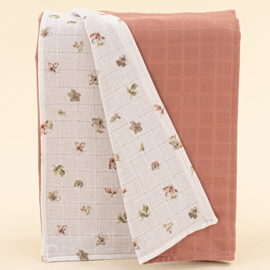 Çift Taraflı Muslin Örtü - Gül Kurusu Muslin - Çiçekler