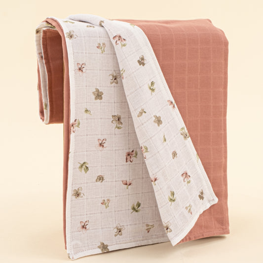 Çift Taraflı Muslin Örtü - Gül Kurusu Muslin - Çiçekler
