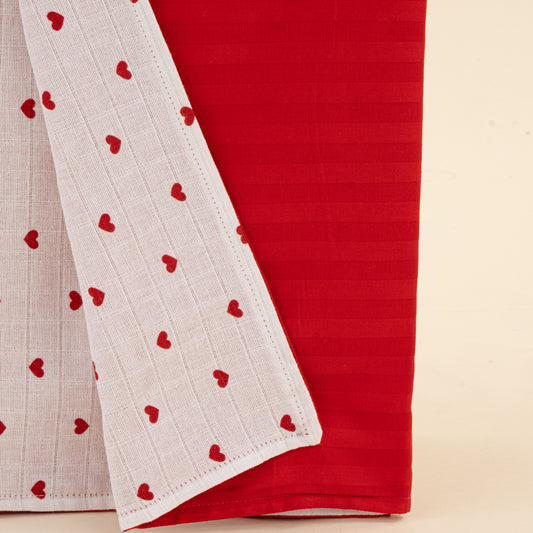 Saten - Muslin Battaniye - Çift Taraflı - Kırmızı Saten - Kırmızı Kalp