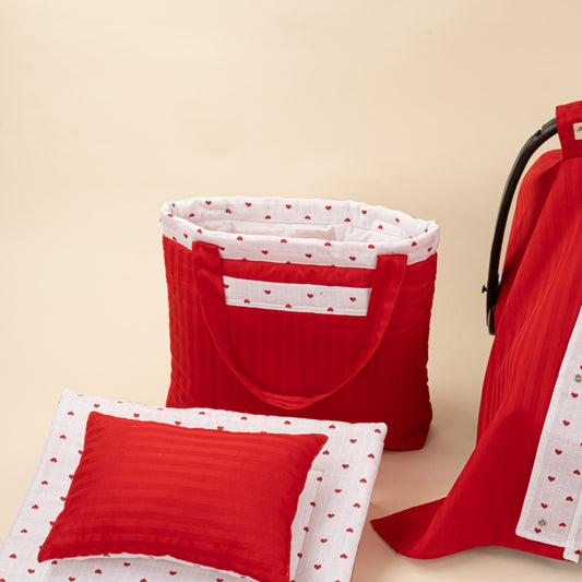 14 Parça Avantajlı Set - Çift Taraflı - Kırmızı Saten - Kırmızı Kalp