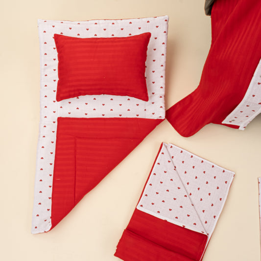11 Parça Avantajlı Set - Çift Taraflı - Kırmızı Saten - Kırmızı Kalp