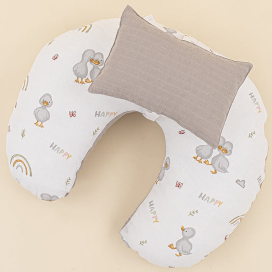 Emzirme Yastığı - Çift Taraflı - Gri Muslin - Ördekler