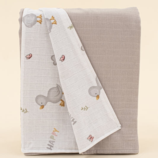 Çift Taraflı Muslin Örtü - Gri Muslin - Ördekler