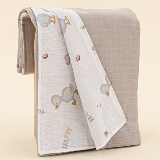 Çift Taraflı Muslin Örtü - Gri Muslin - Ördekler