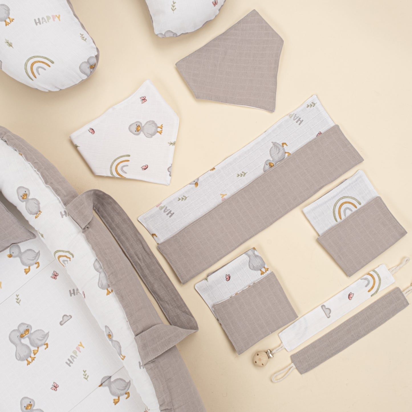 18 Parça Full Set - Çift Taraflı - Gri Muslin - Ördekler