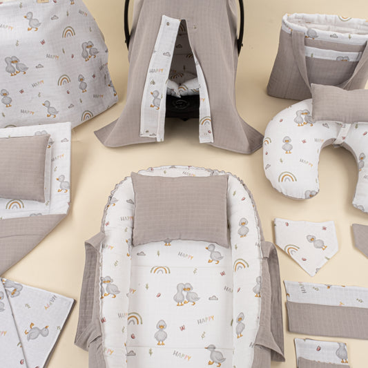 18 Parça Full Set - Çift Taraflı - Gri Muslin - Ördekler