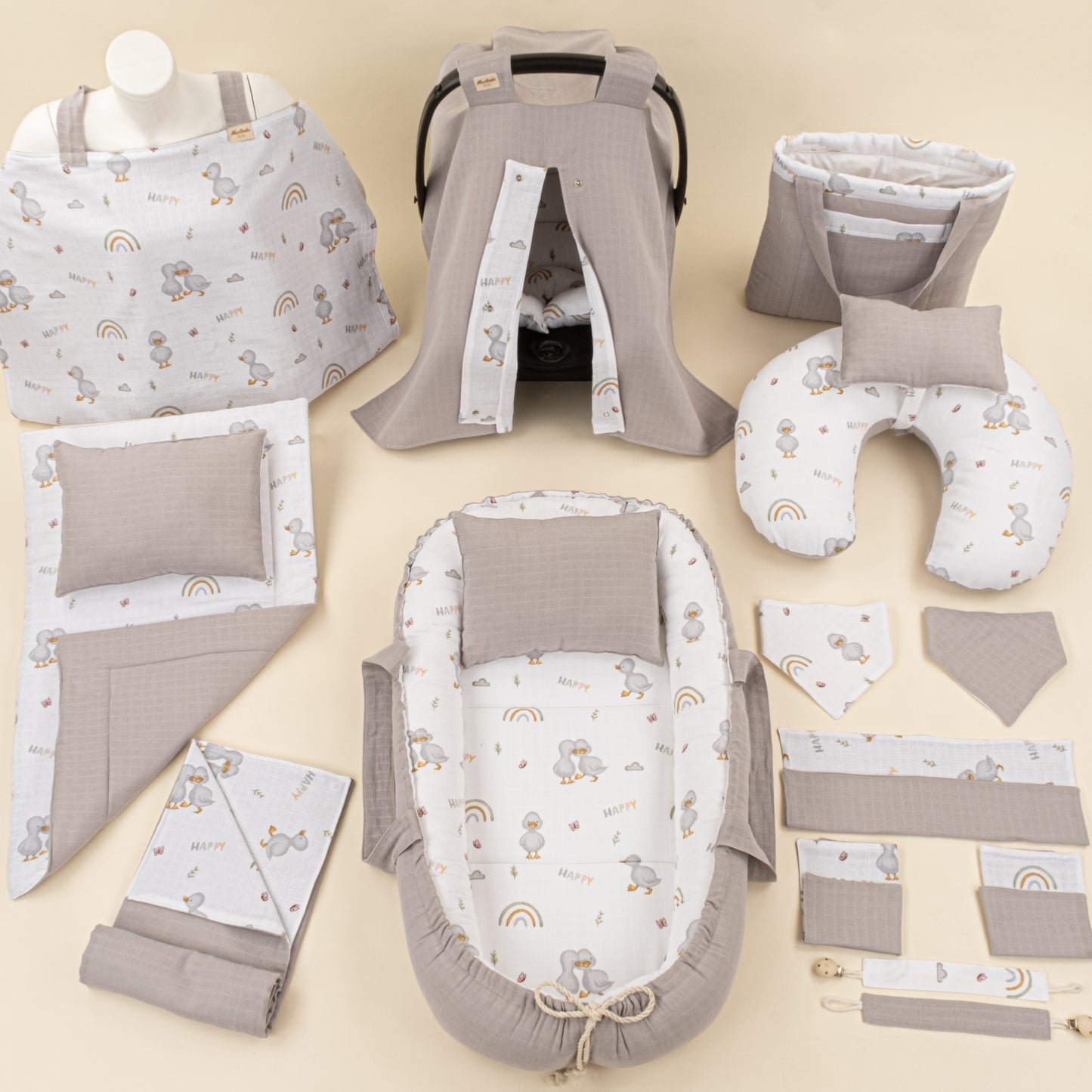 18 Parça Full Set - Çift Taraflı - Gri Muslin - Ördekler