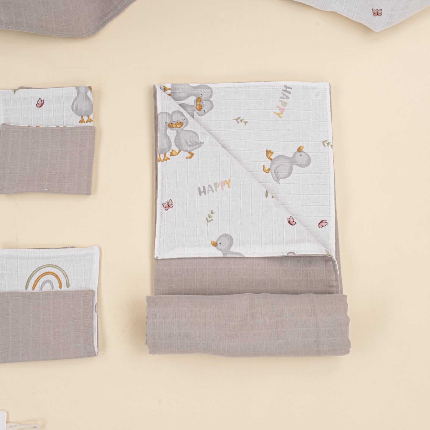 14 Parça Avantajlı Set - Çift Taraflı - Gri Muslin - Ördekler