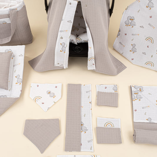 14 Parça Avantajlı Set - Çift Taraflı - Gri Muslin - Ördekler