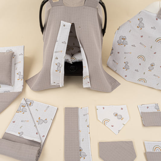 11 Parça Avantajlı Set - Çift Taraflı - Gri Muslin - Ördekler