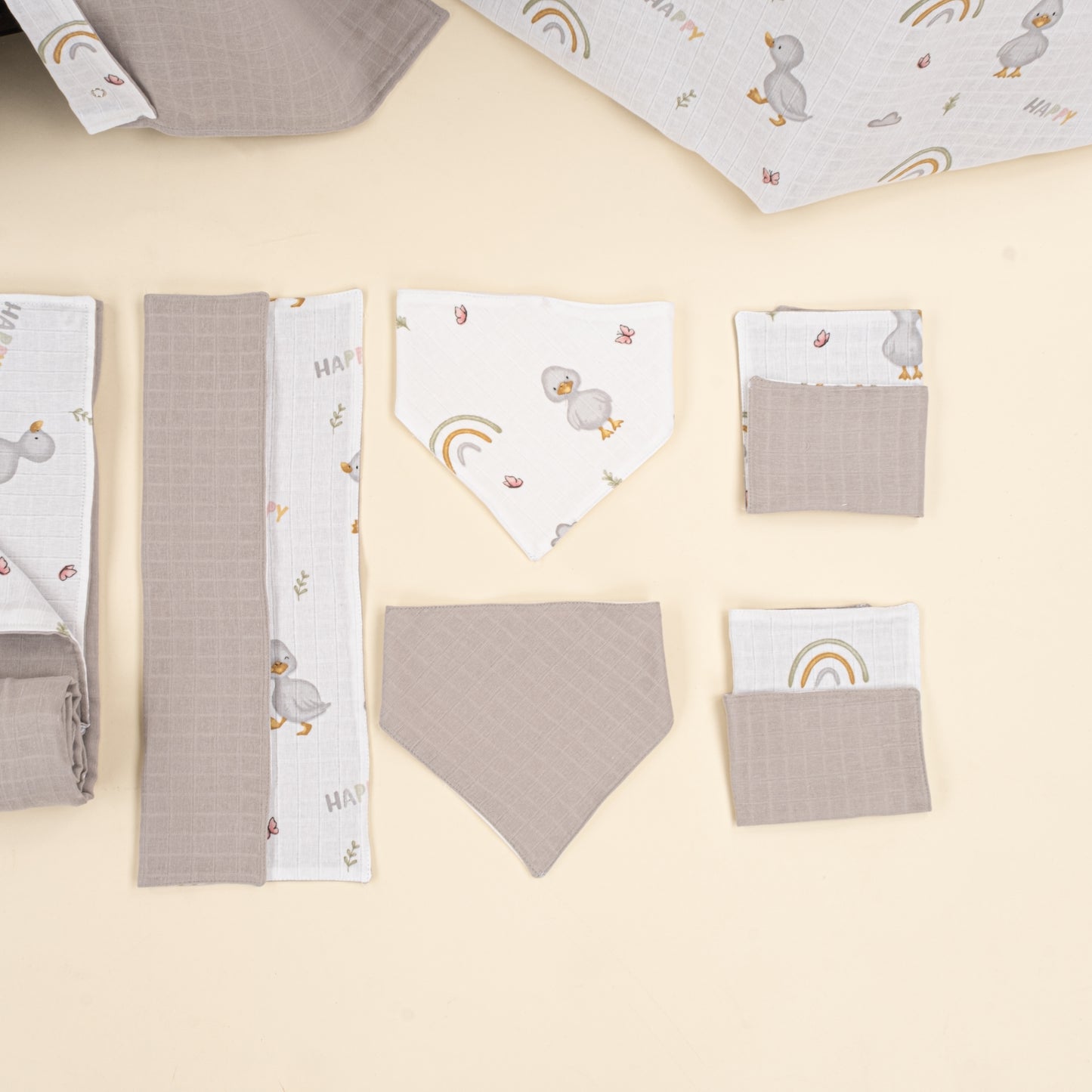 9 Parça Avantajlı Set - Çift Taraflı - Gri Muslin - Ördekler