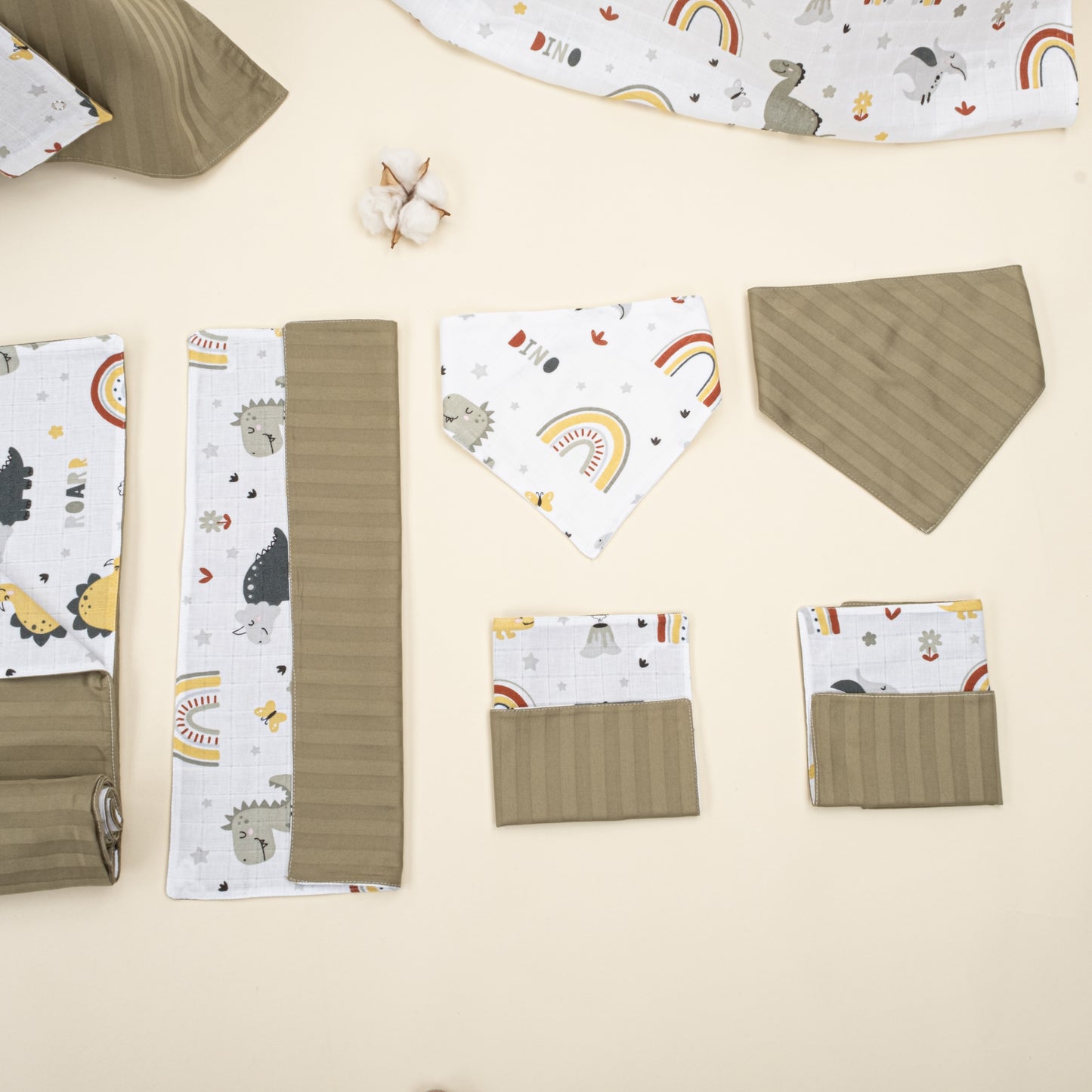 9 Parça Avantajlı Set - Çift Taraflı - Haki Saten - Yeşil Dino
