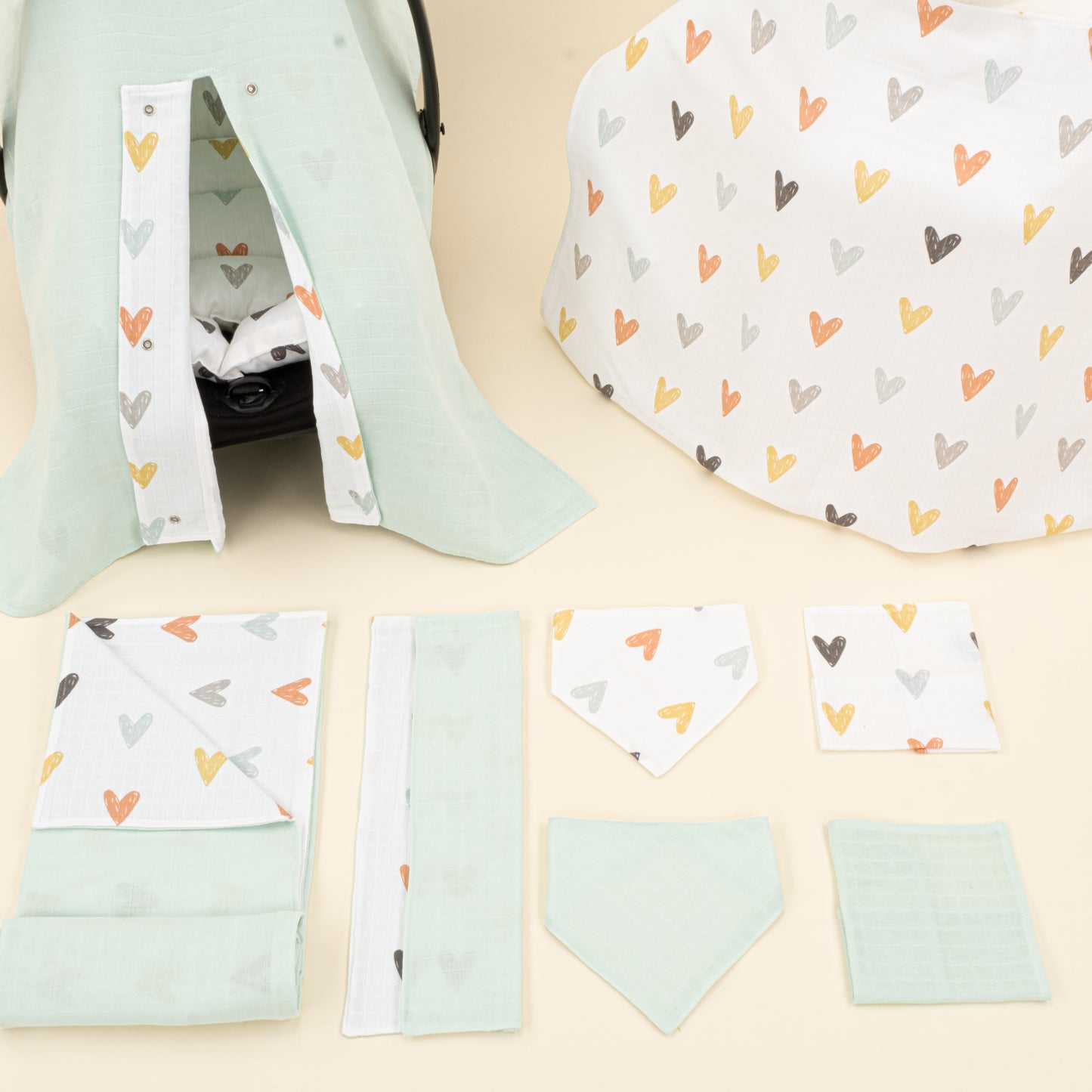 9 Parça Avantajlı Set - Çift Taraflı - Su Yeşili Muslin - Kalpler