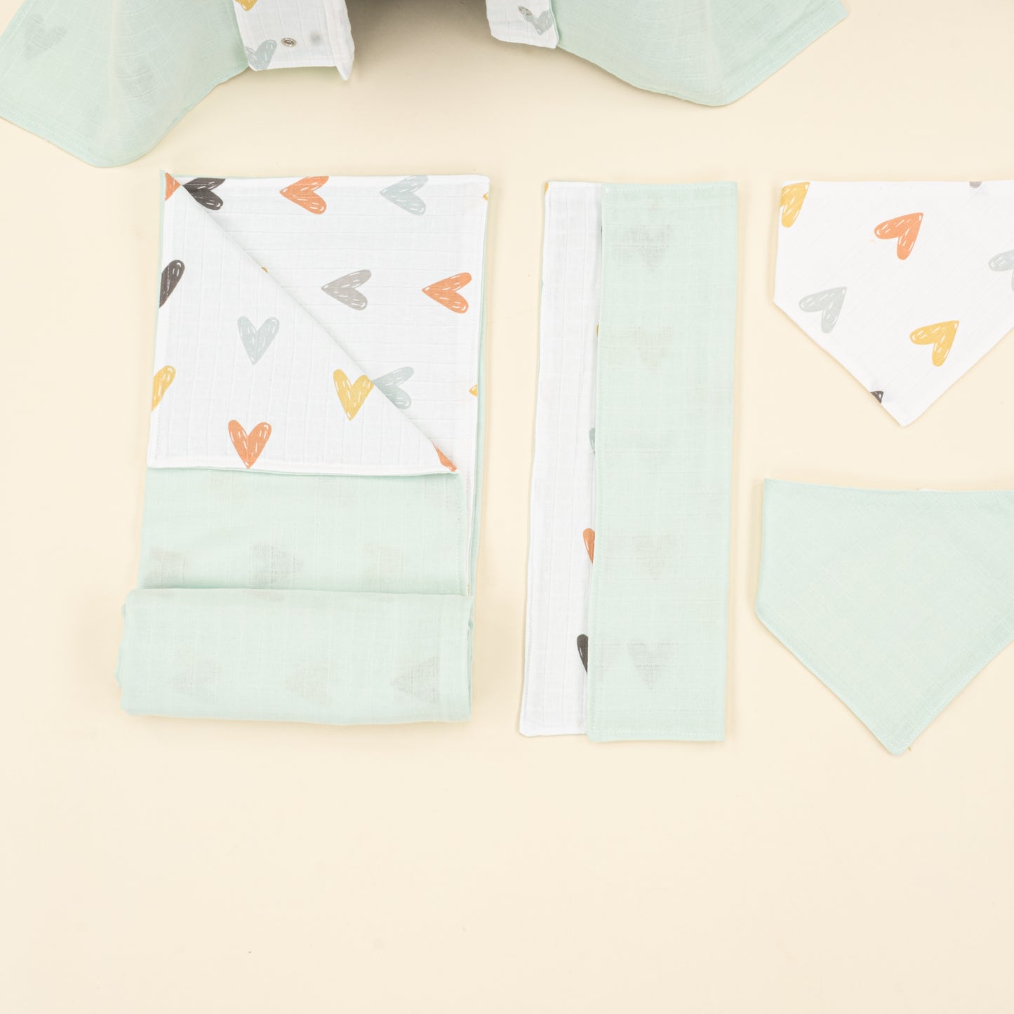 9 Parça Avantajlı Set - Çift Taraflı - Su Yeşili Muslin - Kalpler