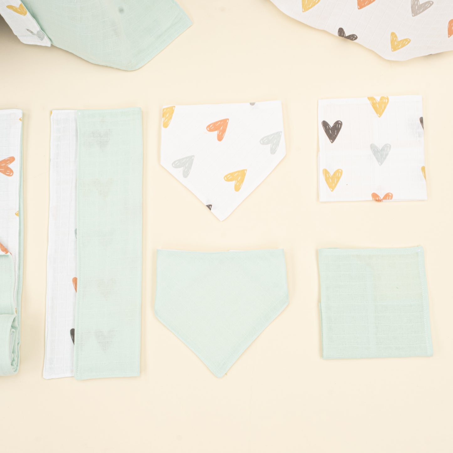 9 Parça Avantajlı Set - Çift Taraflı - Su Yeşili Muslin - Kalpler