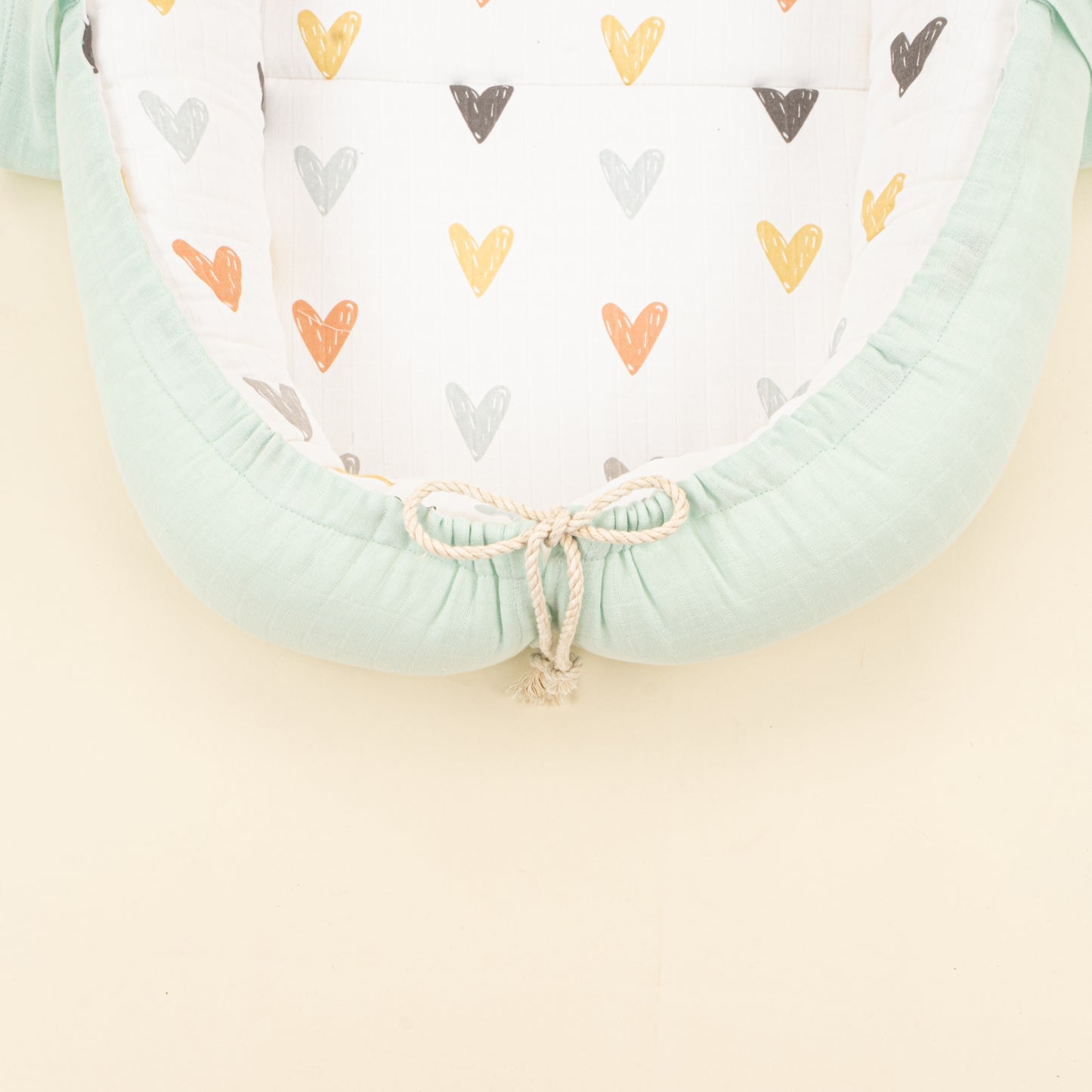 Babynest ve Yastık - Çift Taraflı - Su Yeşili Muslin - Kalpler