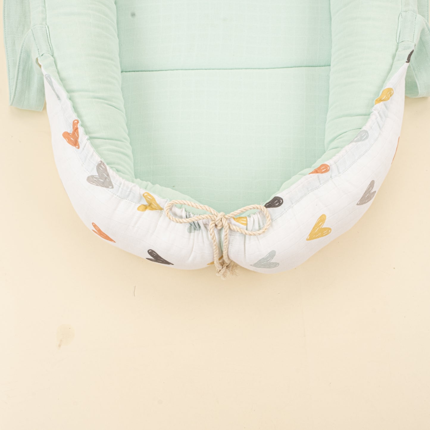 Babynest ve Yastık - Çift Taraflı - Su Yeşili Muslin - Kalpler