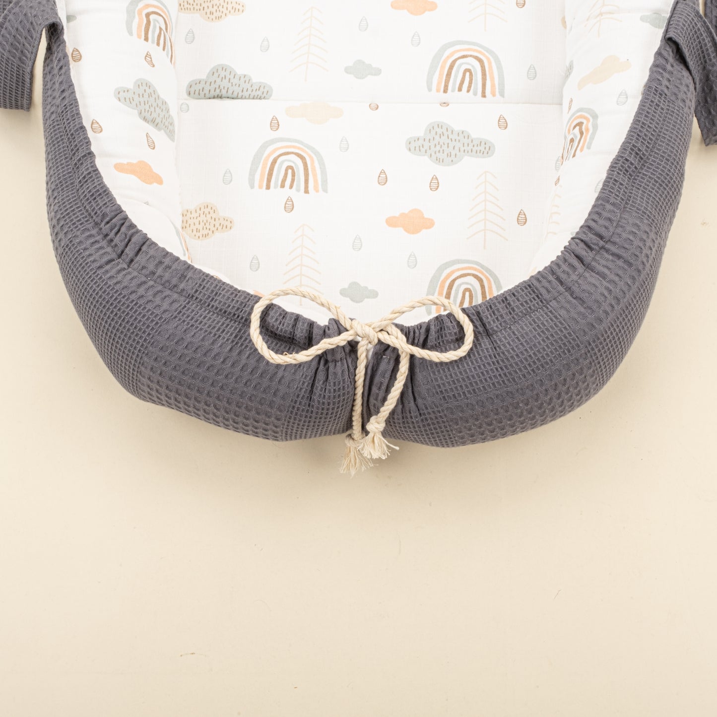 Babynest ve Yastık - Çift Taraflı - Antrasit Waffle - Yeşil Gökkuşağı