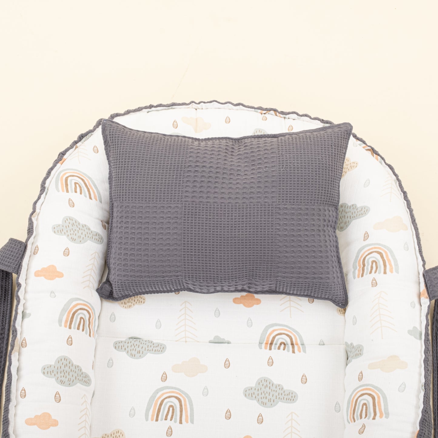 Babynest ve Yastık - Çift Taraflı - Antrasit Waffle - Yeşil Gökkuşağı