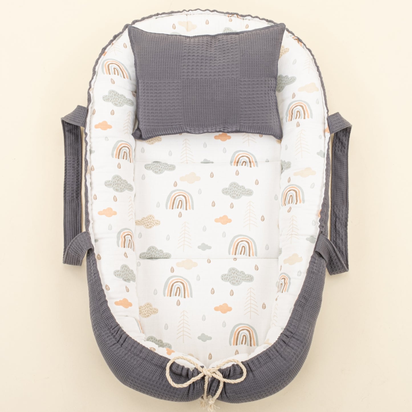 Babynest ve Yastık - Çift Taraflı - Antrasit Waffle - Yeşil Gökkuşağı