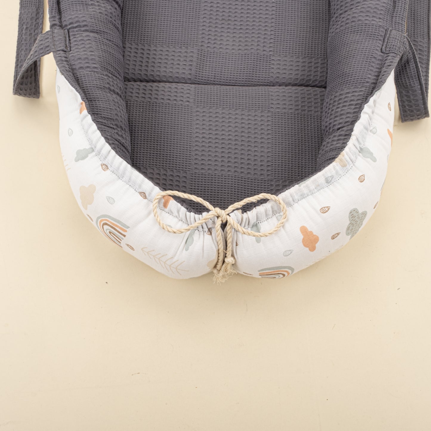 Babynest ve Yastık - Çift Taraflı - Antrasit Waffle - Yeşil Gökkuşağı