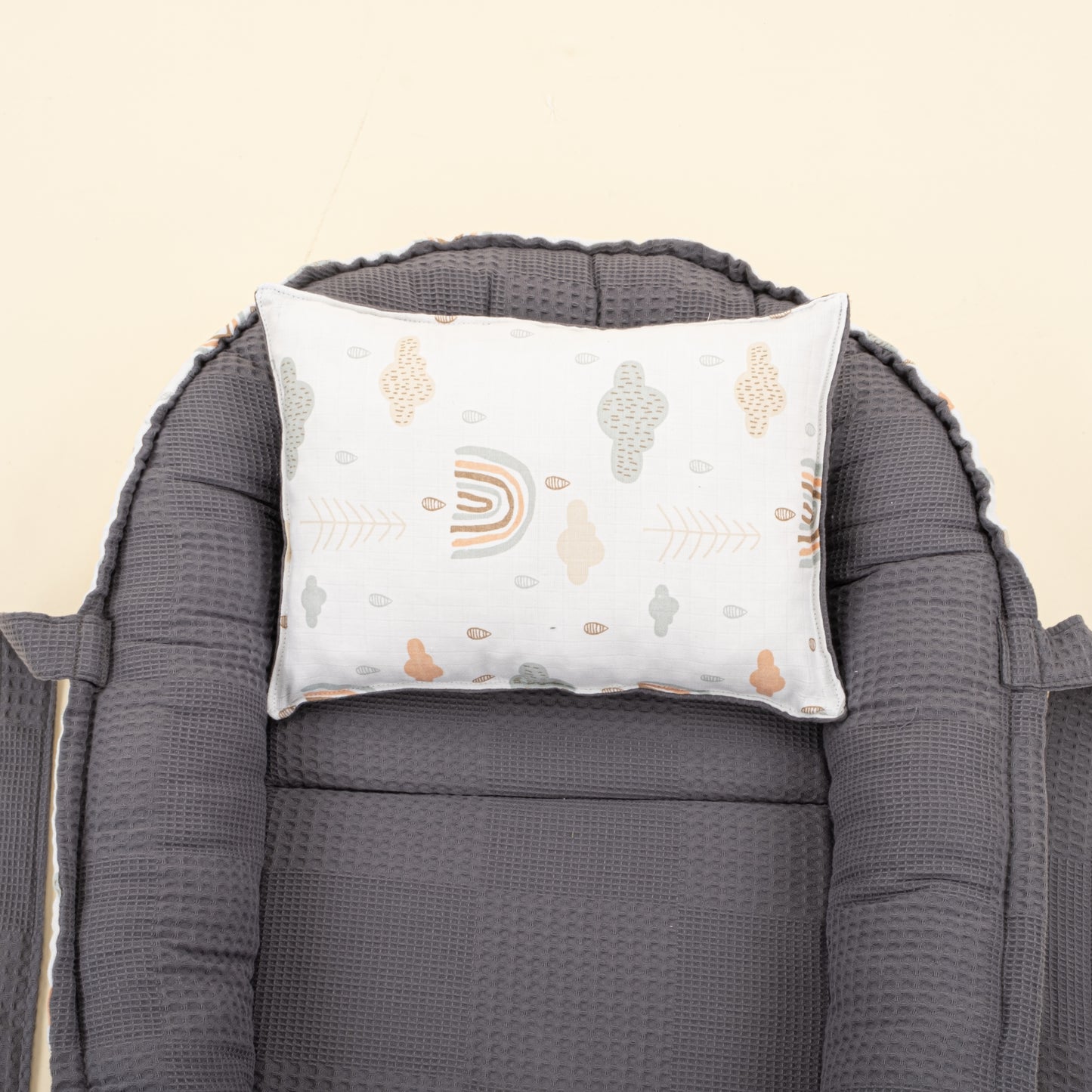 Babynest ve Yastık - Çift Taraflı - Antrasit Waffle - Yeşil Gökkuşağı