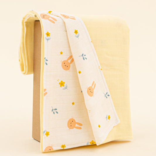 Çift Taraflı Muslin Örtü - Sarı Muslin - Turuncu Tavşan