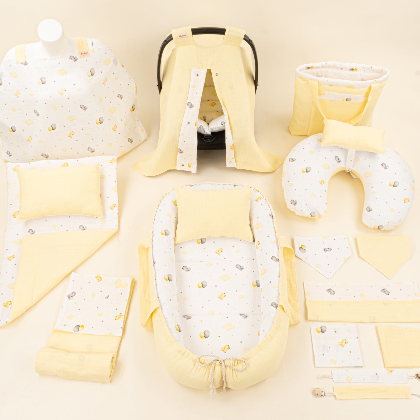 18 Parça Full Set - Çift Taraflı - Sarı Muslin - Sarı Kuş