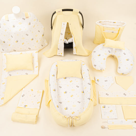18 Parça Full Set - Çift Taraflı - Sarı Muslin - Sarı Kuş