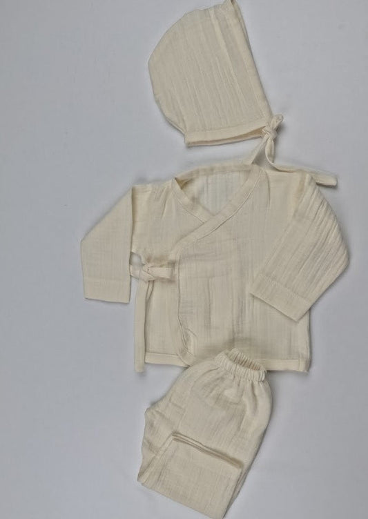Yenidoğan Hastane Çıkışı İki katlı Muslin Kimono Takım - Krem