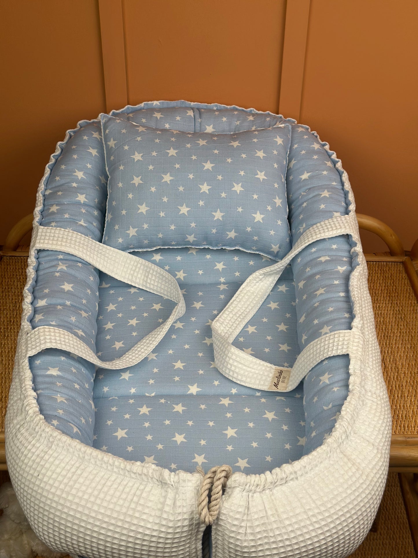 indirimli Babynest yatak ve yastık - Beyaz Petek - Büyük Mavi Yıldız