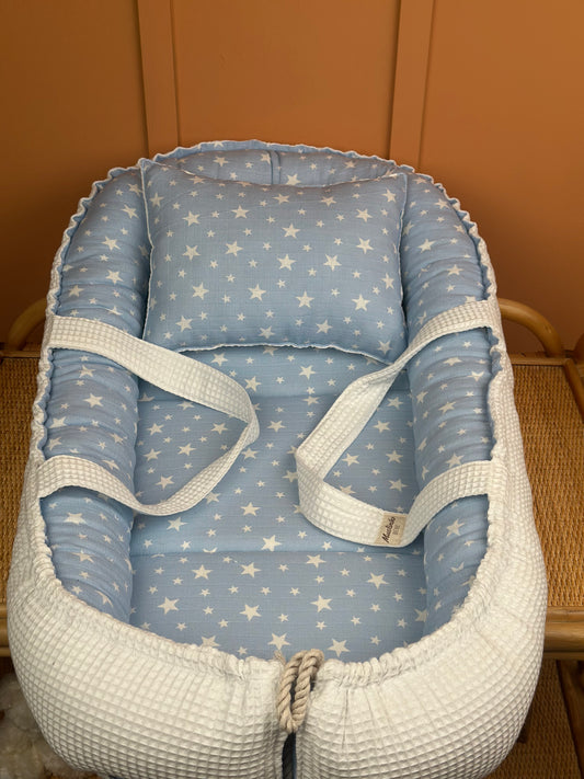 indirimli Babynest yatak ve yastık - Beyaz Petek - Büyük Mavi Yıldız