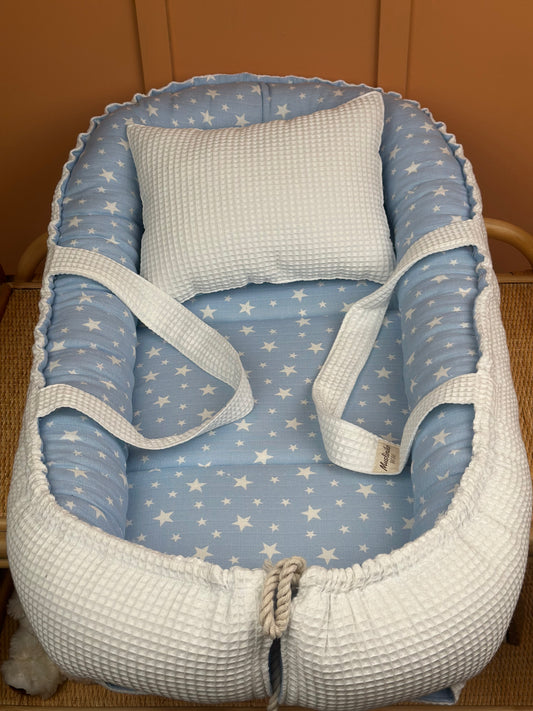 indirimli Babynest yatak ve yastık - Beyaz Petek - Büyük Mavi Yıldız