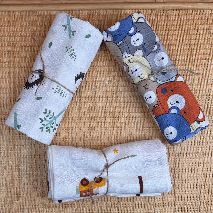 3lü Set - Müslin Örtü - Kirpi / Sarı Ev / Renkli Ayıcıklar